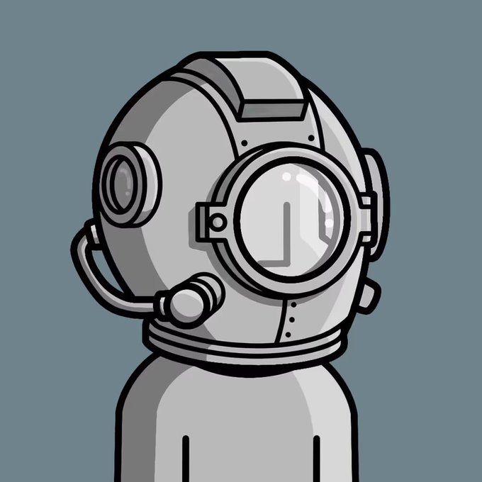 Cartoon-style illustration of a vintage deep-sea diving helmet in grayscale tones, featuring a round glass viewport, side rivets, and breathing apparatus details against a blue-gray background.