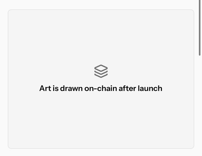 A minimalist graphic featuring a stacked layers icon above the bold text "Art is drawn on-chain after launch," visually echoing the post's concept of "when the chain becomes the architect" by illustrating algorithmic art rendered directly on the blockchain post-launch.