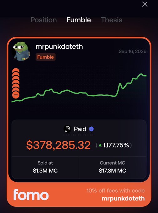 A Fomo trading app screenshot showing a 'Fumble' position for user 'mrpunkdoteth' dated Sep 16, 2026, with a paid amount of $378,285.32 (+1,177.75%), sold at $1.3M MC with current MC of $17.3M, and a promo code 'mrpunkdoteth' for 10% off fees.