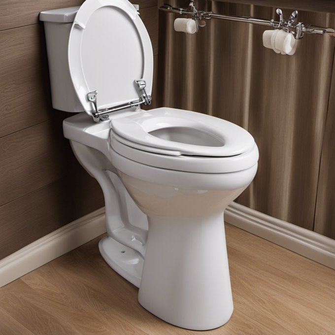 A white ceramic toilet with the lid up, situated in a bathroom with wood-grain wall panels and flooring.