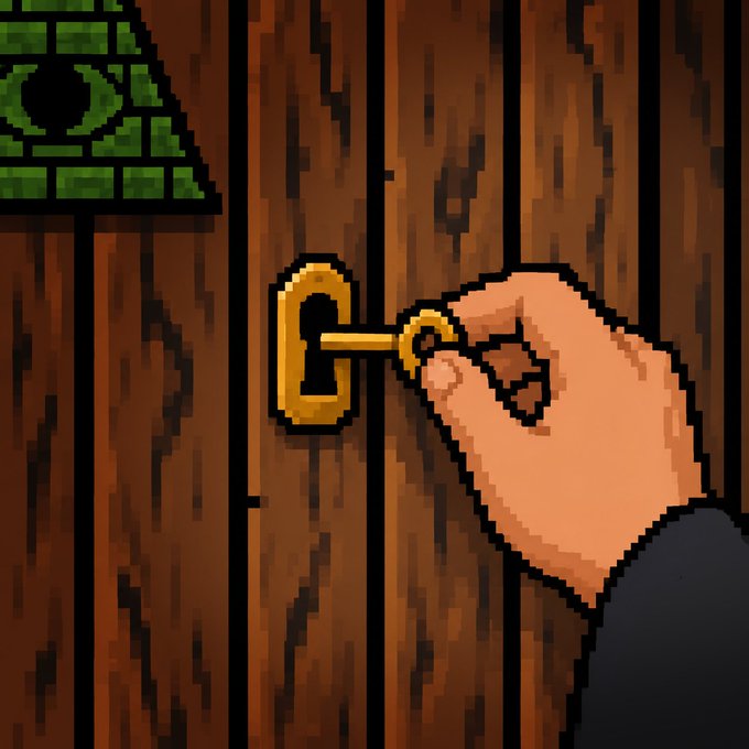 A pixel art image showing a hand inserting a golden key into a keyhole on a wooden door, with a green stained glass window featuring an eye design visible in the upper left.