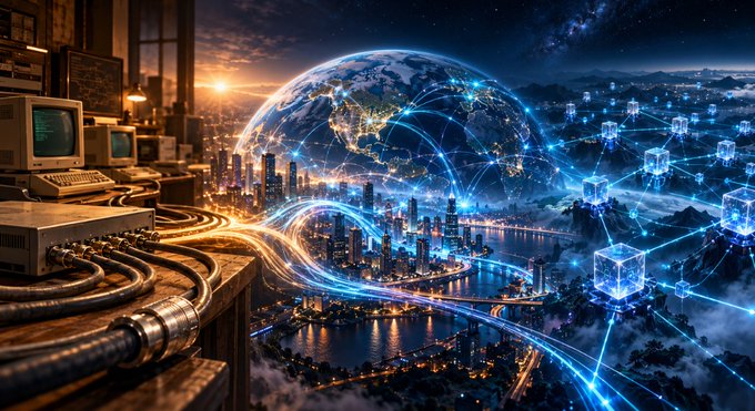 A digital composite image blending vintage CRT computer monitors in the foreground with a glowing, futuristic Earth and networked cityscapes in the background.