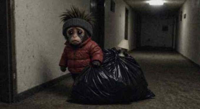 A small monkey wearing a gray beanie and red puffer jacket drags a large black trash bag through a dimly lit hallway, humorously illustrating the struggle of carrying heavy unrealized "profits" that traders never actually cash out.