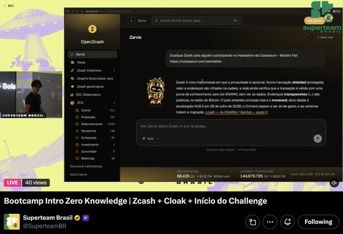 A livestream titled 'Bootcamp Intro Zero Knowledge | Zcash + Cloak + Início do Challenge' from Superteam Brasil shows a Zcash documentation webpage.