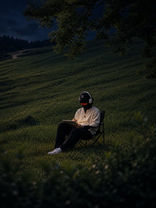 A person wearing a helmet and headphones sits in a folding chair on a grassy hillside at night, illuminated by the screen of a tablet or device.