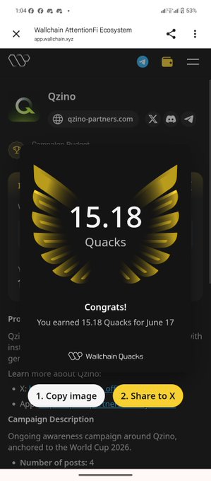 The image shows a phone screen displaying an award for Quakers, which has a gold bird design with wings spread out. The text on the screen congratulates the Quaker community for their achievements and mentions that they have earned 15.18 Quacks in June 17th.