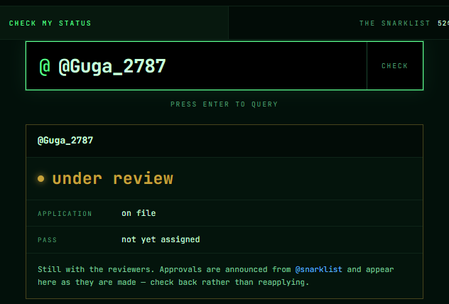 A screenshot of a website interface titled 'CHECK MY STATUS' querying the user '@Guga_2787', which returns a status of 'under review' with the 'APPLICATION' marked 'on file' and 'PASS' marked 'not yet assigned'.
