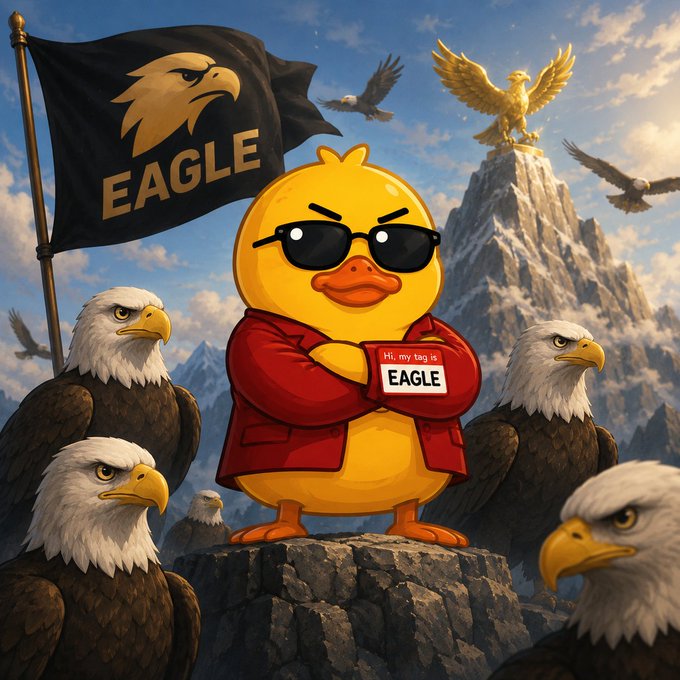 A stylized illustration of a duck wearing sunglasses and a red jacket holding an 'EAGLE' name tag, surrounded by eagles with one holding an 'EAGLE' flag.