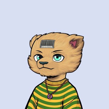 Digital illustration of an anthropomorphic orange cat character with green eyes, wearing a striped shirt and a barcode on its forehead.