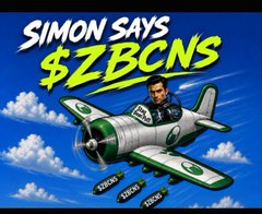A cartoon-style advertisement for 'SIMON SAYS $ZBCNS' depicting a man flying a green and white airplane with dollar bills ($5000s, $10000, $100K) falling below.