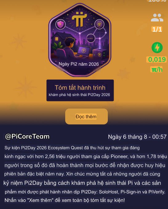 A screenshot from the Pi Network app showing a 'Pi2Day 2026' summary badge with Vietnamese text including 'Tóm tắt hành trình', mining stats showing '1/1' users and '0,019 π/h', and a post from @PiCoreTeam announcing the event.