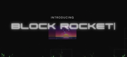 A title card with the text 'INTRODUCING BLOCK ROCKET!' displayed in a stylized font with a small graphic of a sunset over a landscape below the text.