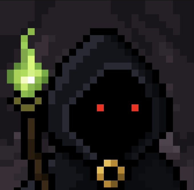 Pixel art depicting a dark hooded figure with glowing red eyes holding a green flame, wearing a gold ring on a chain.