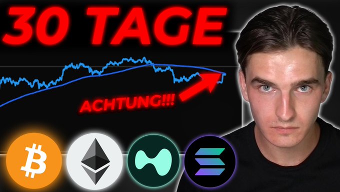 A YouTube thumbnail featuring a young man with '30 TAGE' (30 days) German text and 'ACHTUNG!!!' (Attention) warning, showing a chart with Bitcoin, Ethereum, and Solana logos.