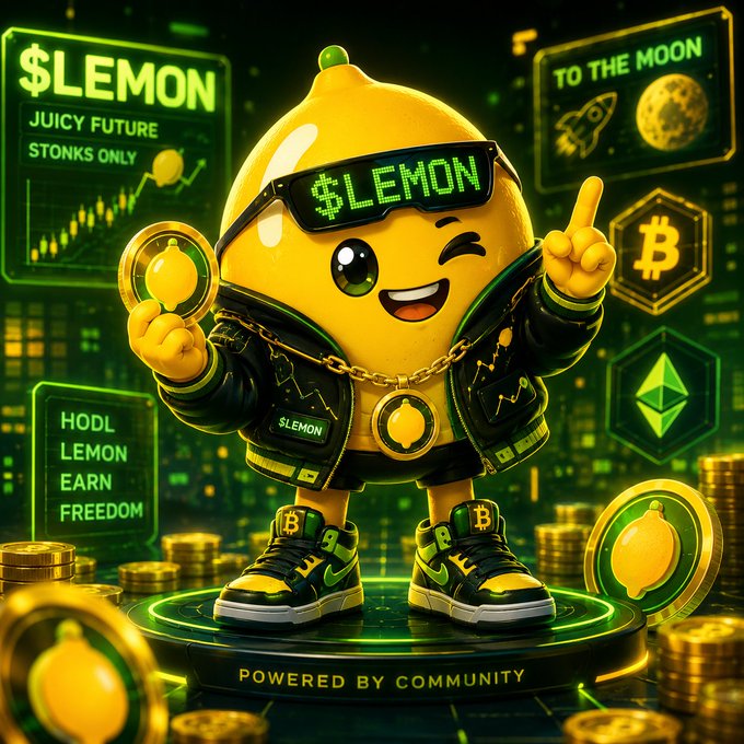 A cheerful lemon mascot wearing $LEMON sunglasses and a black jacket stands on a glowing platform surrounded by crypto icons and text such as “$LEMON,” “TO THE MOON,” “HODL LEMON EARN FREEDOM,” and “POWERED BY COMMUNITY.”