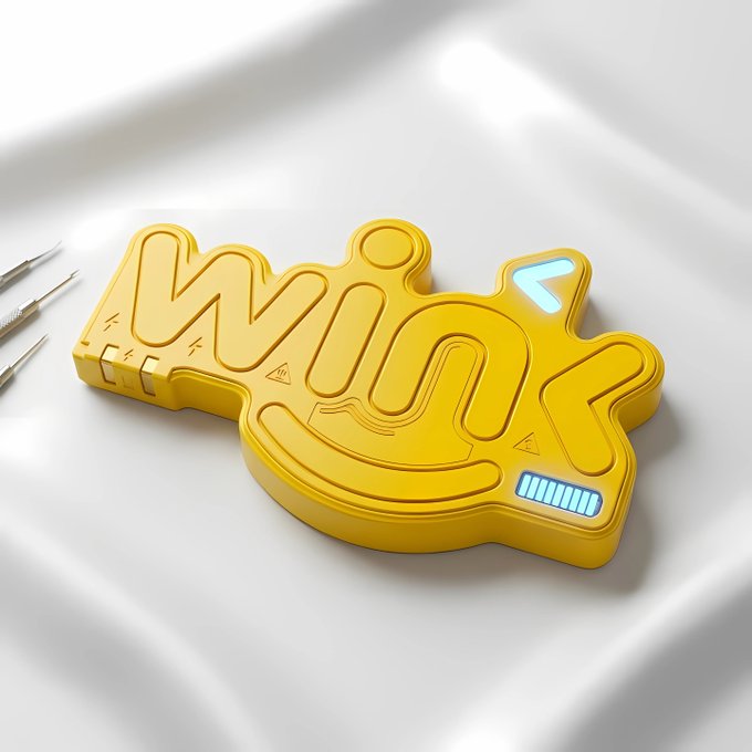 A yellow 3D object shaped like graffiti-style text spelling 'WIN' with a small light blue chevron design, sitting on white fabric next to a mechanical pencil.