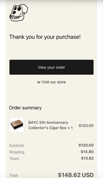 The image shows a screen displaying an electronic receipt for an online purchase of a cigar box, which includes both the total cost and shipping details. An up-to-date order summary has been sent to inform customers about their recent purchases. 
The post encourages customers to "View your Order!" and reminds them that they can view their orders via the website or by contacting customer service through the provided phone number. The image also highlights a limited edition cigar box, which implies it might be a special offer, and encourages customers to take advantage of this deal while it's available in stock.