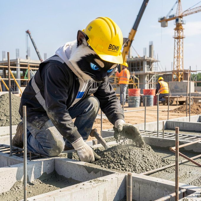 An AI-generated image of a cat dressed as a construction worker wearing a yellow hard hat and safety vest, working with concrete on a job site.