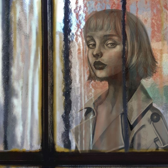 A pastel-toned painting of a woman with a blonde bob haircut and dark lipstick, seen through a window with condensation and dark vertical bars.
