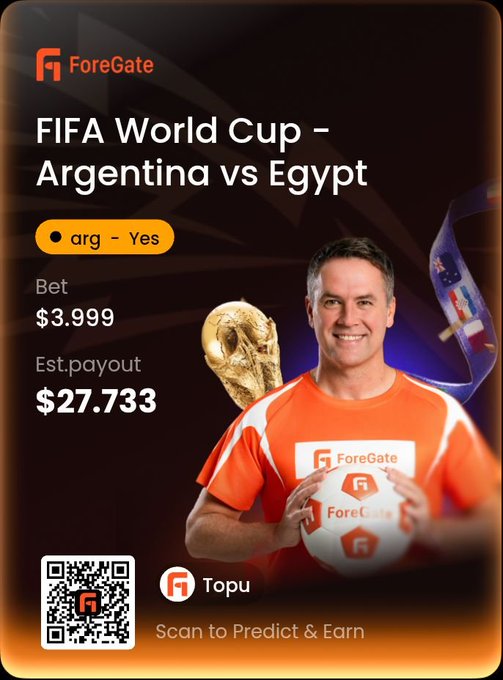 A ForeGate promotional graphic advertising a FIFA World Cup Argentina vs Egypt prediction market with 'arg - Yes' option, a $3.999 bet yielding an estimated $27.733 payout, featuring a man holding a branded soccer ball.