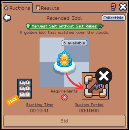 A pixel art game interface showing an auction for an 'Ascended Idol' item, noting 'Harvest Salt without Salt Rakes' and a requirement marked with a red X indicating it cannot be met.