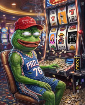 A green Pepe the Frog character wearing a red "Make NFTs Fun Again" cap and a "Phila 76" jersey sits slumped at a slot machine in a casino, smoking a cigarette, with visible text on the machine showing "7", "BAR", and other slot symbols. The image ties to the post as a satirical celebration of Pepe—a classic NFT/crypto meme icon—being "featured" on a slot machine, visually riffing on the NFT community's hype around artist Beeple highlighting their Pepe artwork and the moonshot crypto enthusiasm.