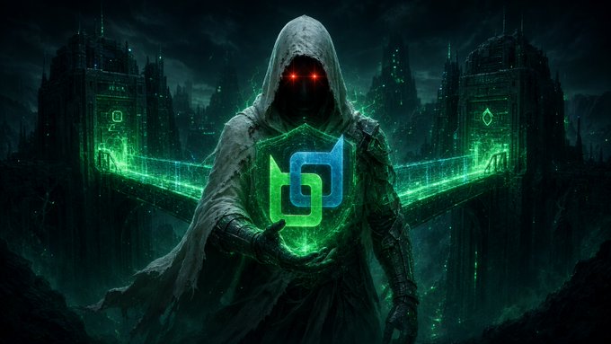 A dark fantasy digital artwork portrays a hooded figure with glowing red eyes holding a green glowing cube with a digital logo, set against a backdrop of shadowy skyscrapers.