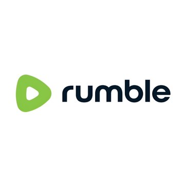 The Rumble logo is displayed, featuring a green play button icon alongside the lowercase 'rumble' wordmark on a white background.