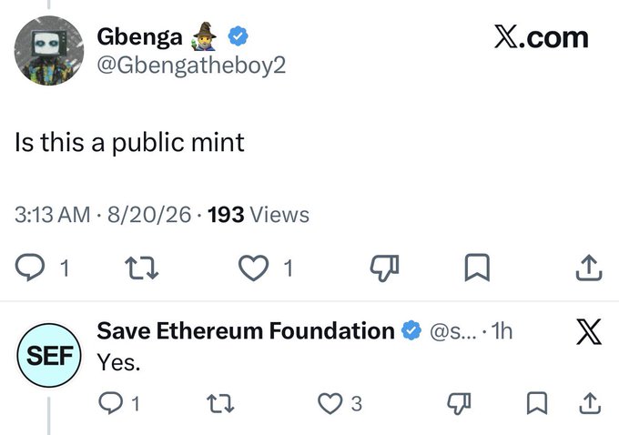 A tweet from user Gbenga (@Gbengatheboy2) asking 'Is this a public mint' is shown, with a reply from Save Ethereum Foundation (@s...) confirming 'Yes.'