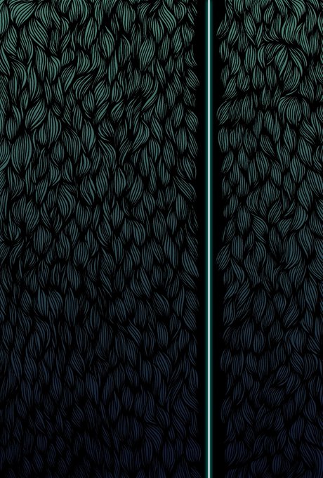 A dark, textured illustration of a knitted or braided fabric pattern in deep teal/black tones, split down the middle by a thin vertical glowing line.