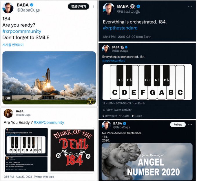 A collage of tweets from @BabaCugs about XRP and the number 184, including posts like 'Everything is orchestrated. 184. #xrpthestandard' and 'No Price Action till September. 184. 2020.', along with images of a piano keyboard, 'MARK OF THE DEVIL 184', and an angel number 2020 graphic.