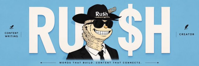 A blue banner graphic with large white text spelling 'RUSH$' featuring an illustrated character wearing a cowboy hat labeled 'Rush', sunglasses, and a suit, flanked by 'CONTENT WRITING' and 'CREATOR' labels with the tagline 'WORDS THAT BUILD. CONTENT THAT CONNECTS.'