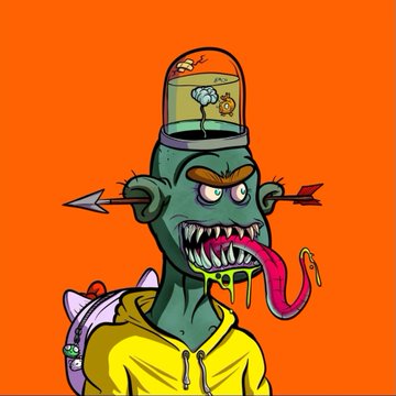 Cartoon illustration of a green-skinned zombie-like character with a glass dome on its head containing a flower, arrows through its head, a long tongue, and a yellow hoodie against an orange background.