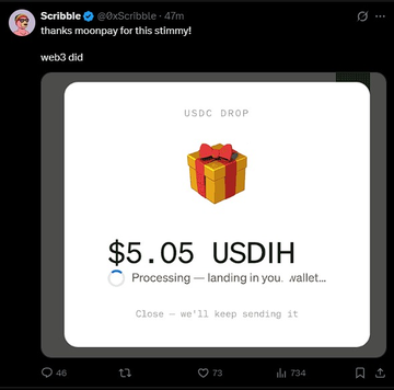 A tweet from 'Scribble @0xScribble' stating 'thanks moonpay for this stimmy!' with an image of a 'USDC DROP' transaction for '$5.05 USDIH' in processing.