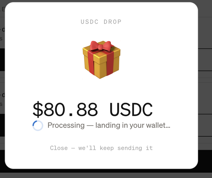 This image shows a "USDC DROP" for "$80.88 USDC" that is "Processing - landing in your wallet...", aligning with the post's claim of receiving free money from paybox.sh.