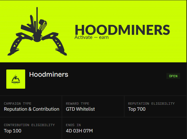 A digital dashboard for the 'HOODMINERS' campaign showing details like 'Reputation & Contribution' type, 'GTD Whitelist' reward, and a countdown timer of '4D 03H 07M'.
