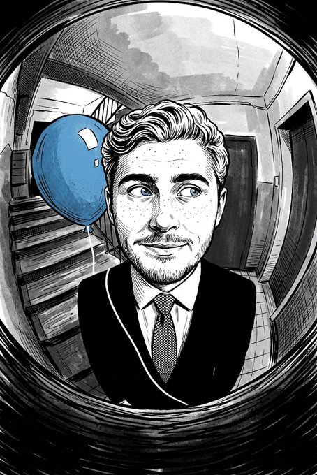 A stylized black-and-white illustration of a bearded man in a suit and tie viewed through a fisheye lens, with a single blue balloon floating beside him in a hallway setting.