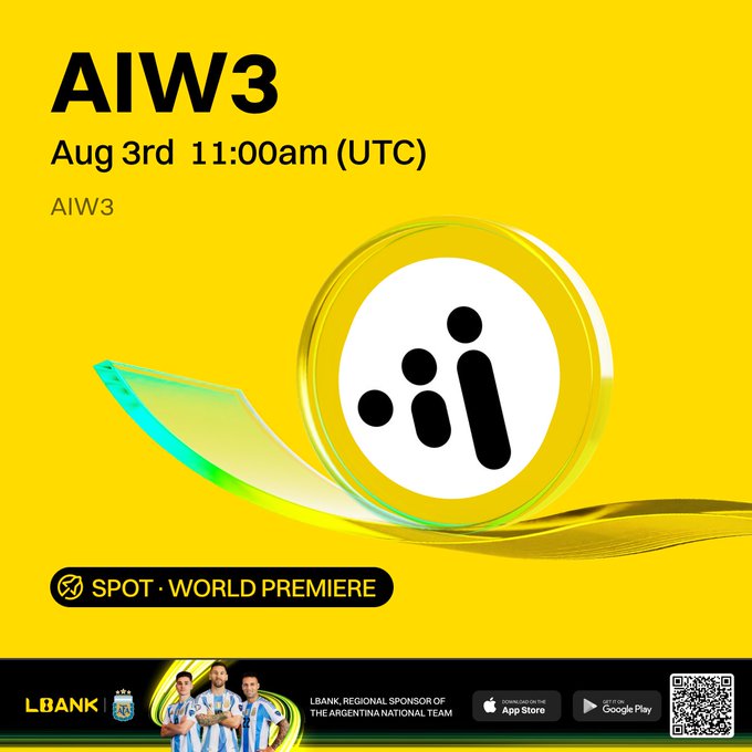 A promotional graphic from HDFC Bank featuring an account statement for Maria Edward at the Pondicherry Main Branch, prominently displaying "AIW3" alongside the LBank logo and a "SPOT · WORLD PREMIERE" banner. The bottom includes sponsorship details for the Argentina National Team, an Argentina jersey, and App Store/Google Play download options, all tied to LBank's listing announcement for the $AIW3 token.
