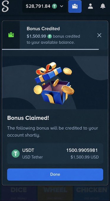 A screenshot of a crypto gambling site showing a "Bonus Claimed!" notification crediting $1,500.99 USDT (Tether) to the user's account, with a balance of $28,791.84 displayed at the top. The image appears to be a fake promotional post falsely claiming the user will send money via DM, which is a common scam tactic to lure likes and engagement.