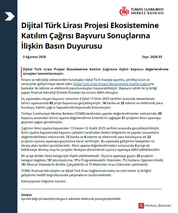 A press release from the Central Bank of the Republic of Türkiye (TCMB), dated August 3, 2026 (Number 2026-33), announcing the completion of evaluation processes for the Digital Turkish Lira Project Ecosystem Call, with 85 applications received and 16 banks plus 25 payment and electronic money institutions approved to participate, aligning with the accompanying post about the Digital Turkish Lira Project ecosystem applications.