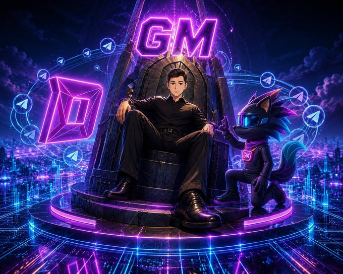 The image features a man sitting on a throne, surrounded by neon lights that create a futuristic atmosphere. The man appears to be wearing a black suit and tie, while a dog is also present in the scene. The background of the image shows a cityscape with buildings and other neon signs, suggesting an urban setting. The post mentions distribution wins everything for years, which could imply that the man sitting on the throne represents a powerful figure or authority within this digital landscape.