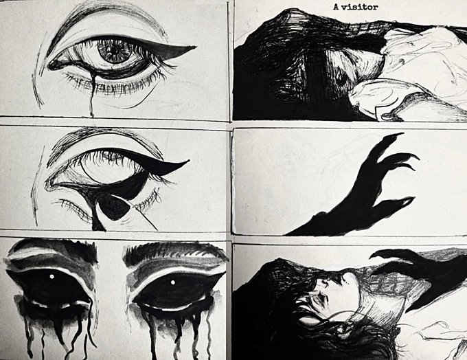 A black and white hand-drawn comic page titled 'A visitor' featuring six panels with haunting imagery including a crying eye, a shadowy figure, a clawed hand, and a face with dark dripping eyes.