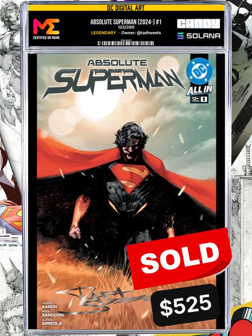 A graded 'Absolute Superman (2024-) #1' DC comic book in a CGC case, marked as SOLD for $525, displayed on the Candy Digital platform.