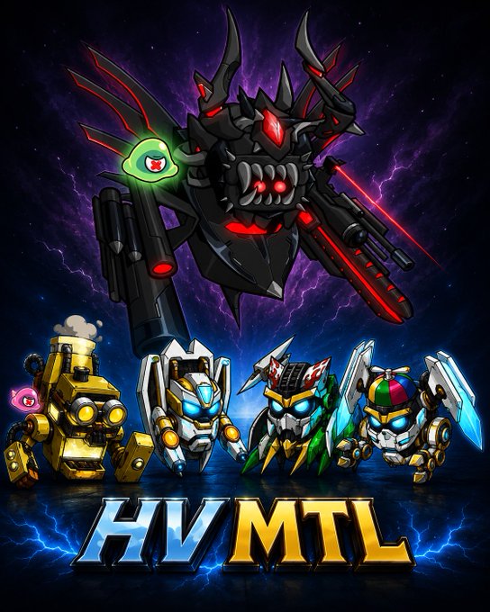 Video game promotional art titled 'HV MTL' showing four small, colorful mecha-style robots standing below a large, menacing dark mechanical creature with red glowing eyes.