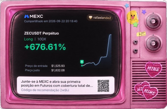 A pink retro television displays a MEXC trading screenshot showing a ZECUSDT Perpetual Long position up 76.61%, with entry price $1,525.93 and fair price $1,632.08.