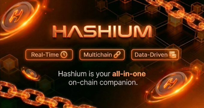 The image features an advertisement for a cryptocurrency called Hashium. The background of the image is black, with orange text that reads "Hashium" at the top. Below this, there are three different icons representing real-time, multichain, and data-driven trading options. These icons are arranged in a row below the title "Hashium". The main focus of the image is on these icons, which provide information about the various features and functionalities offered by Hashium for cryptocurrency trading.