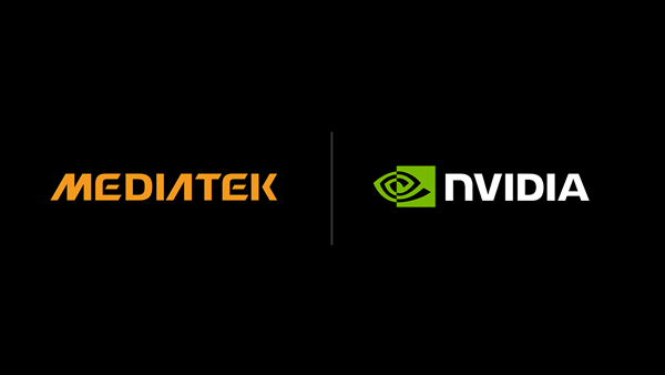 The image shows the MediaTek logo in orange alongside the NVIDIA logo with its iconic green eye symbol, separated by a vertical line on a black background. This visual reinforces the partnership announcement, highlighting the two companies involved in the $3.5 billion convertible bond investment and AI infrastructure collaboration.