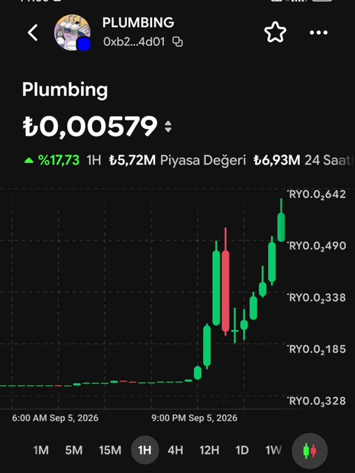 A cryptocurrency chart on a mobile trading app shows a token named 'Plumbing' at ₺0.00579, with a green percentage gain of %17.73 over 1 hour.