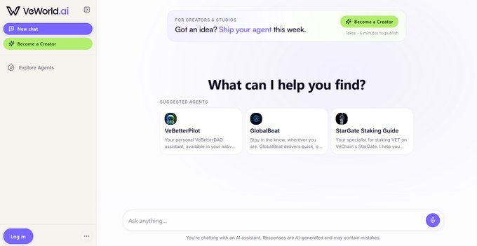 A screenshot of the VeWorld.ai website interface displaying 'What can I help you find?' with suggested AI agents like 'VeBetterPlot', 'GlobalBeat', and 'StarGate Staking Guide'.