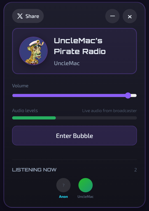 The image shows a phone screen with an app called "UncleMac's Pirate Radio" displayed, along with options for adjusting audio levels and entering bubbles. The app is open and ready to use, as indicated by the green bubble button on the bottom right corner of the screen. The main focus of the image is the app itself, which appears to be a radio program or podcast related to pirate adventures.